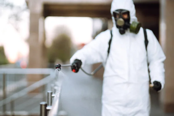 Disinfectant Sprayers Spray Chemicals Railing Empty Public Place Dawn City — Stock Photo, Image