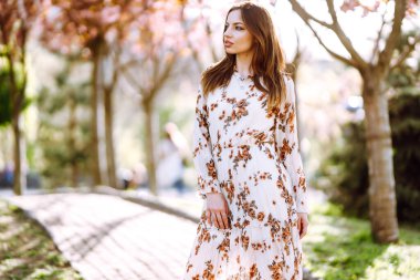 Çiçek açan bahar ağacının yanında güzel genç bir kadın. Parkta eğlenen çekici bir kız. Bahar geldi..