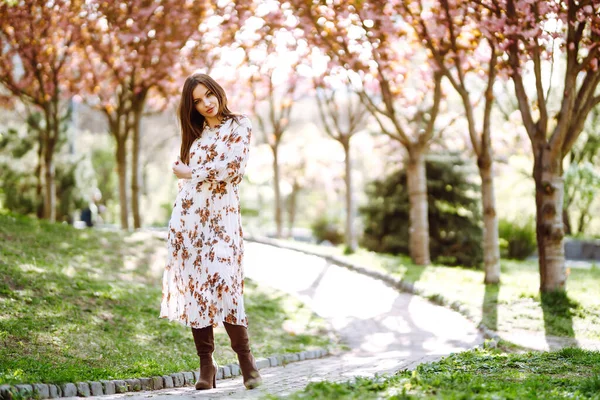 Schöne Junge Frau Neben Dem Blühenden Frühlingsbaum Attraktive Mädchen Genießen — Stockfoto