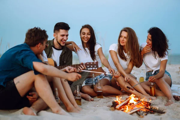 Group Young Friends Sitting Beach Fry Sausages One Man Playing — Stock Photo, Image