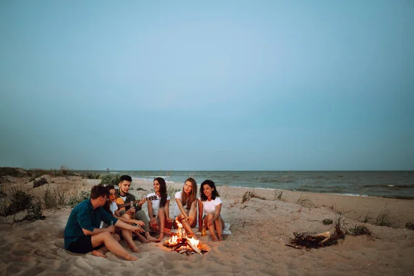 Gruppo Giovani Amici Seduti Sulla Spiaggia Friggere Salsicce Uomo Sta — Foto Stock