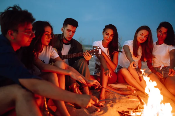 Skupina Mladých Přátel Sedí Pláži Smaží Klobásy Jeden Muž Hraje — Stock fotografie