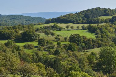 Dağlar yaz mevsiminde manzara, yeşil çayırlar  