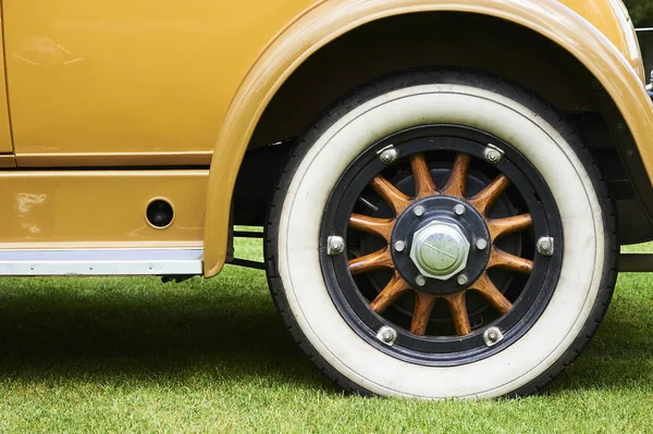 close up of retro car wheel outdoors 