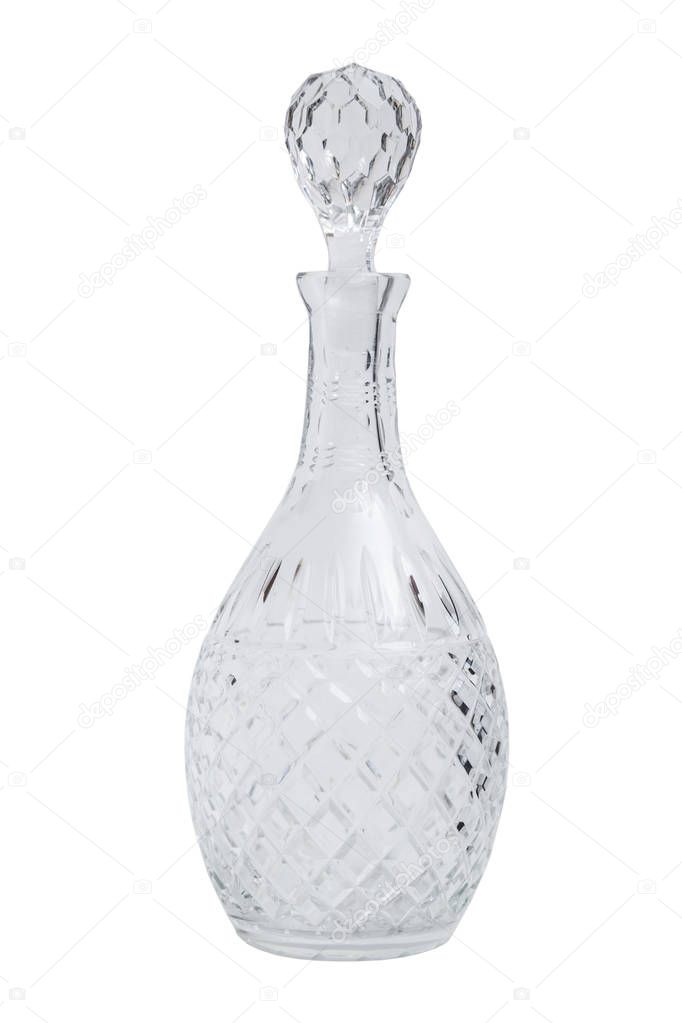 Glass transparent empty beautiful carafe with plug on isolated background.