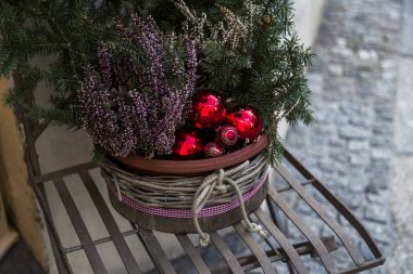 yeşil çam iğneleri saksının içinde kırmızı Noel topları ile dekore edilmiştir.