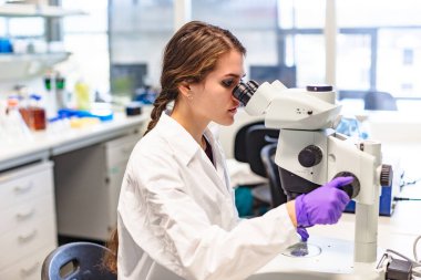 Bilimadamı laboratuvarda biyolojik materyal üzerine çalışma yürütüyor.