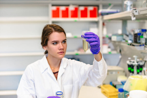 Female scientist holding flask with medicine in laboratory