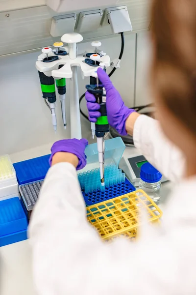 Kauçuk eldivenli kadın eller test tüpü tutuyor.