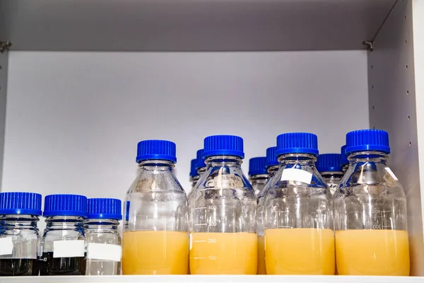 Sıvı renk içeren laboratuvar şişeleri grubu