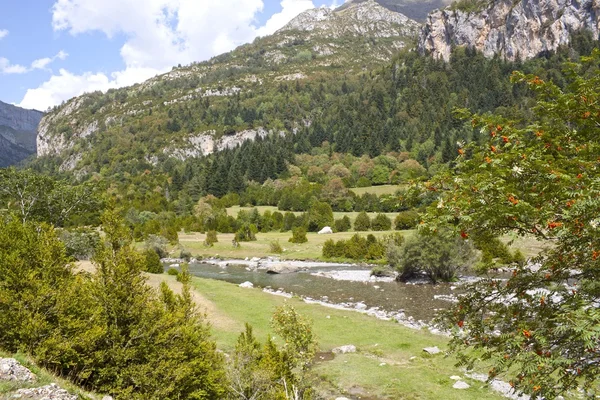 Folyó halad a hegyek, a Pireneusokban, Spanyolország — Stock Fotó
