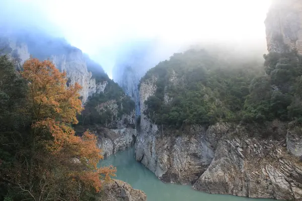 Mystic scène van een rivier in het midden van de bergen met mist — Stockfoto