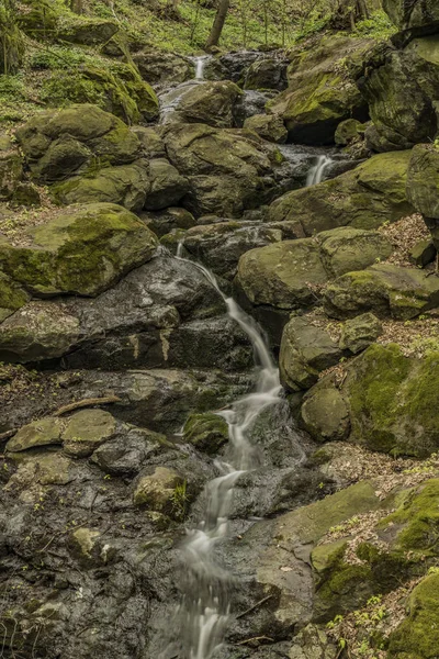 Waterfall near Moravany village in spring day — Stock Photo, Image