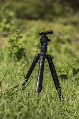 Black tripod in green spring grass