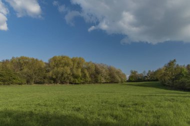 Yeşil mavi gökyüzü gün Ceske Stredohori dağlarında