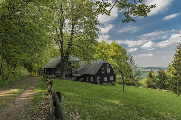 Dag van de zonnige blauwe met bos huis — Stockfoto