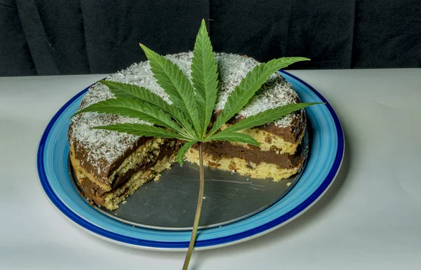 Kokos chocolade taart op blauwe schotel met marihuanablad — Stockfoto