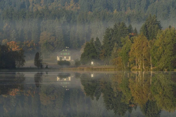 Kladska pond with rebound in water in autumn morning — Stock Photo, Image