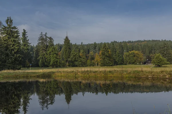 Közel Kladska village, köd nedves hideg reggel kis tó — Stock Fotó
