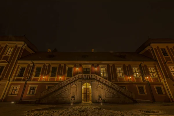 Library in night town Ostrov near Karlovy Vary city