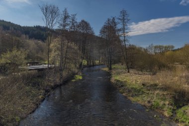 Bahar sabahı Teplicka köyünde Tepla Nehri