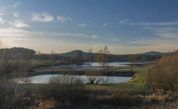 Pond near south Bohemia station Rybnik on railway from Czech to Austria — Stock Photo, Image