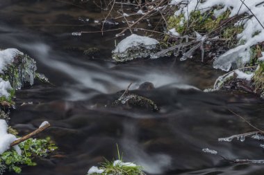 Hodslavsky deresi, Sumava Ulusal Parkı 'nda karlı kış gününde kar ve buzla kaplı.