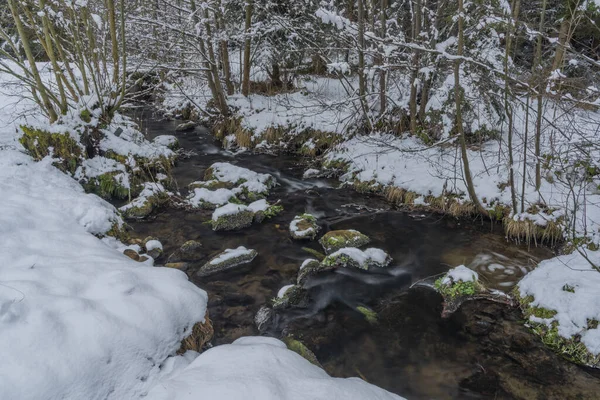 Ruisseau Hodslavsky avec neige et glace en hiver enneigé dans le parc national de Sumava — Photo