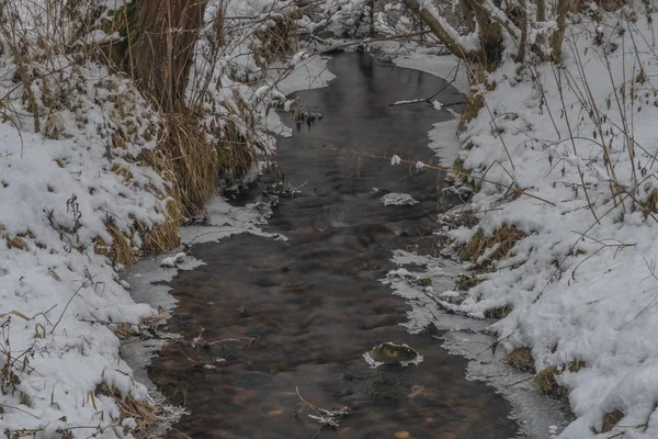 Hodslavsky arroyo con nieve y hielo en el día de invierno nevado en el parque nacional de Sumava — Foto de Stock