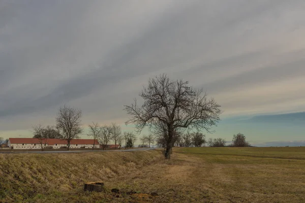 Granja y árbol cerca de Svaty Jan nad Malsi pueblo en día nublado en el sur de Bohemia —  Fotos de Stock