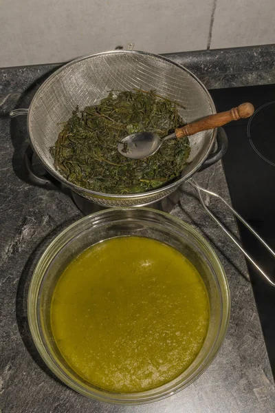 Изготовление масла марихуаны с листьями и желтым маслом, которое будет зеленым — стоковое фото