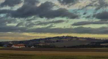 Svaty Jan nad Malsi village on beauty hill in cloudy color day in south Bohemia