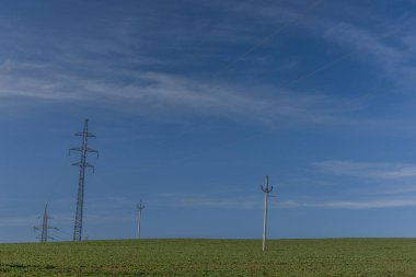 Güney Moravya 'da mavi gökyüzü olan yeşil yay tarlasında elektrik kabloları ve direkler