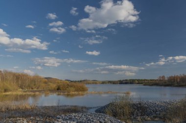 Lipno barajının sonu. Kuru baharda çimenler. Zlabek istasyonunda güneşli bir gün.