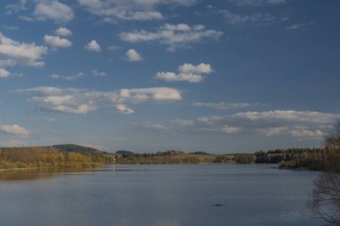 Lipno barajının sonu. Kuru baharda çimenler. Zlabek istasyonunda güneşli bir gün.