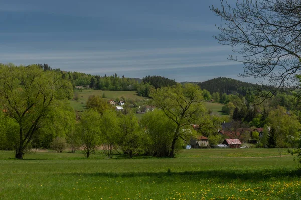 Dolni Becva Vår Färg Fräsch Grön Dag Med Kyrka Och — Stockfoto