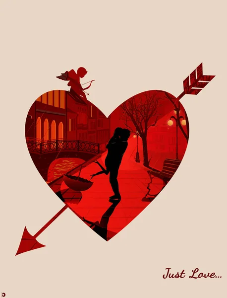 Illustrationen mit Doppelbelichtung. Ein Mann umarmt eine Frau und küsst sie, sie stehen nachts im Regen auf der Straße der Altstadt. Hintergrund Herz mit einem Pfeil und Amor — Stockvektor