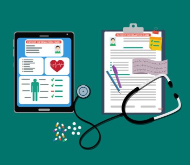 Kağıt ve tablet hasta kartlarla belgeleri, stetoskop, hap, kalem. hasta kartı.