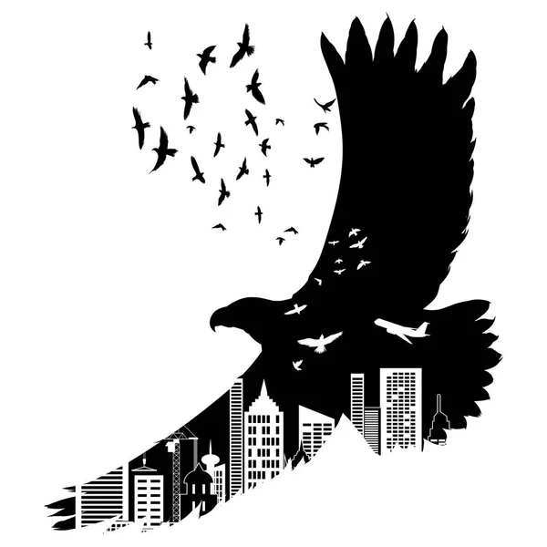 Vector silhouette flying eagle with double exposure effect. — Stock Vector