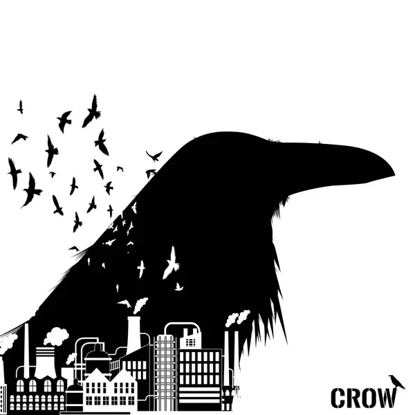 Isolated raven head silhouettes with double exposure effect. — Stock Vector