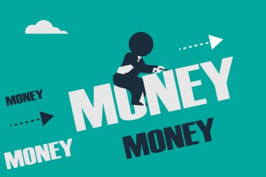 Yukarı doğru bir para kelime üzerinde sürüş bir işadamı gibi çöp adam bakmak. 