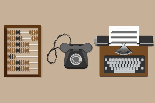 Macchina da scrivere vintage, vecchio abaco di legno, vecchio telefono . — Vettoriale Stock