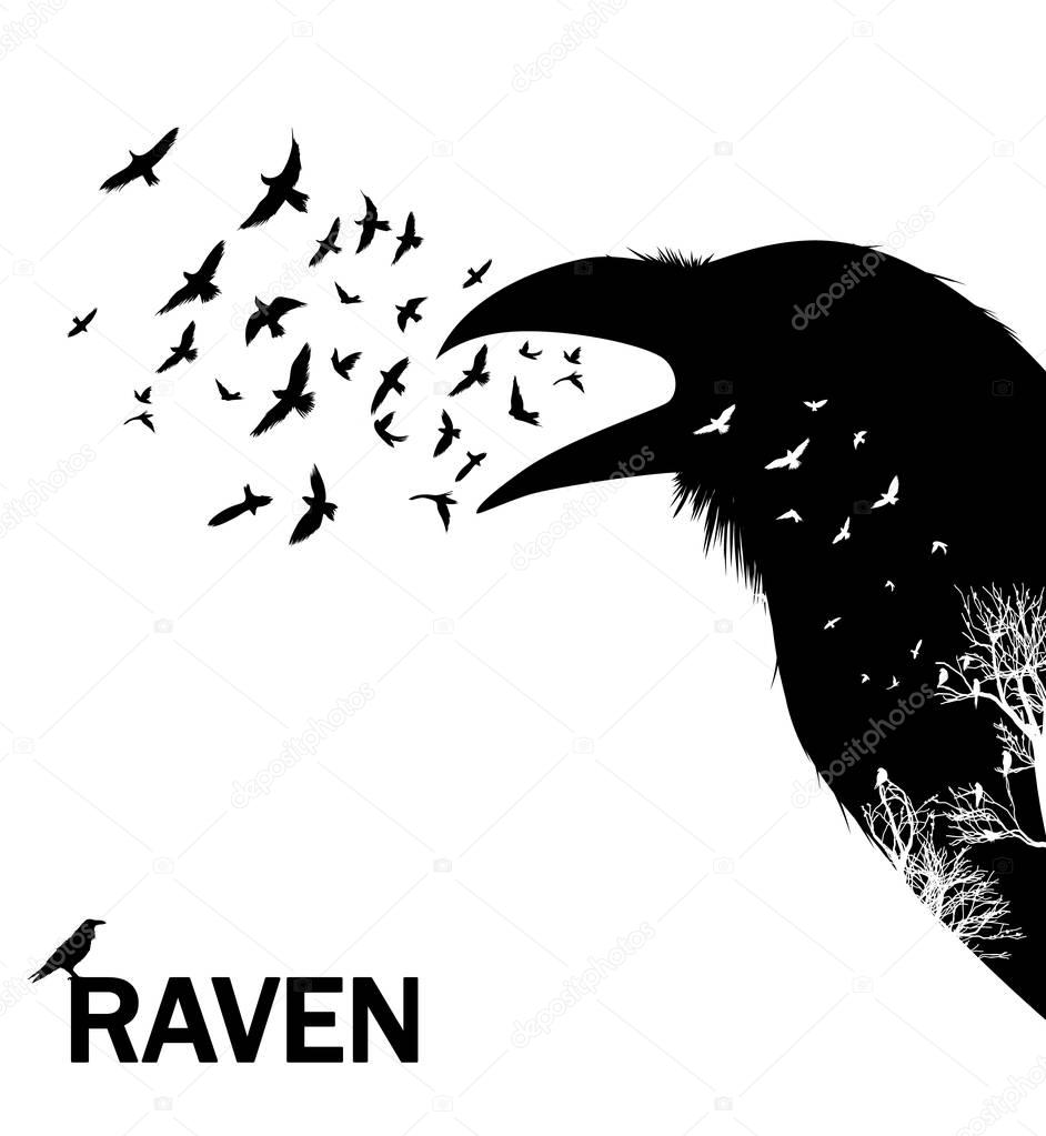 Croaking crow or raven. Vector Illustration.