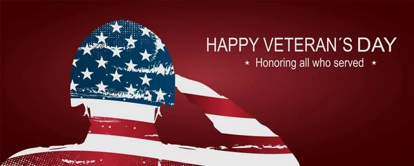兵士はメモリアルデーのためアメリカ合衆国の国旗に敬礼します。幸せな退役軍人の日のポスターや 11 月 11 日バナー。背景としてアメリカ国旗. — ストックベクタ