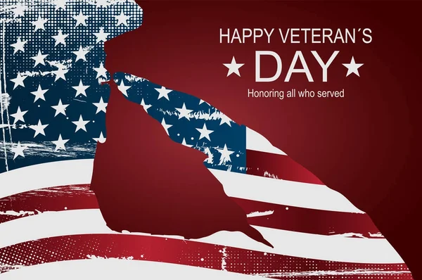 キャプテンはメモリアルデーのためアメリカ合衆国の国旗に敬礼します。幸せな退役軍人の日のポスターや 11 月 11 日バナー。背景としてアメリカ国旗. — ストックベクタ