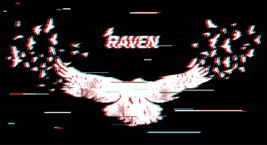 Vector illustration of the white raven silhouette with the fluttering wings on a black background Double exposure with glitch effect.  clipart