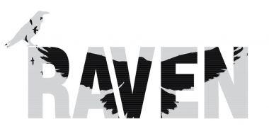 Kuzgun word ile çırpınan kanatlı kuzgun siluet vektör Illustration. Çift pozlama etkisi. 