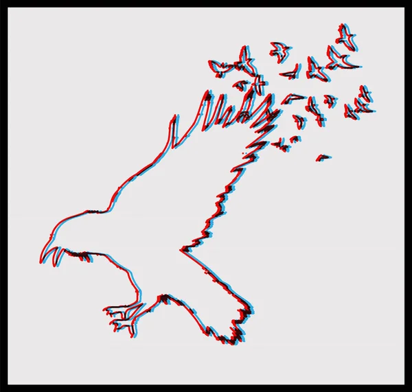 Летящий Ворон Линейная Иллюстрация Силуэт Ошибкой Глюка — стоковый вектор