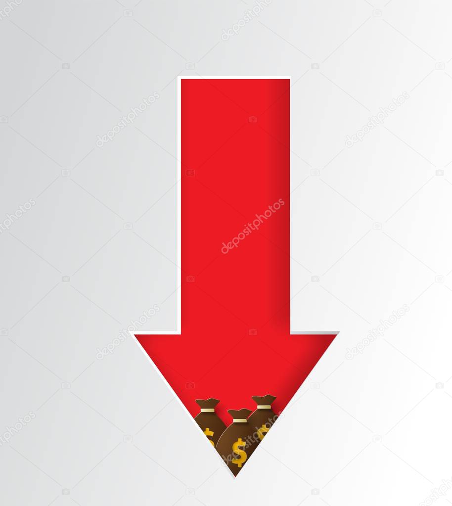 Decreasing graphs concept, financial strategy, low return on investment, the balance sheet of money and gold, long-term investment decline, reduced revenue, interest rate, credit money. Paper style vector.