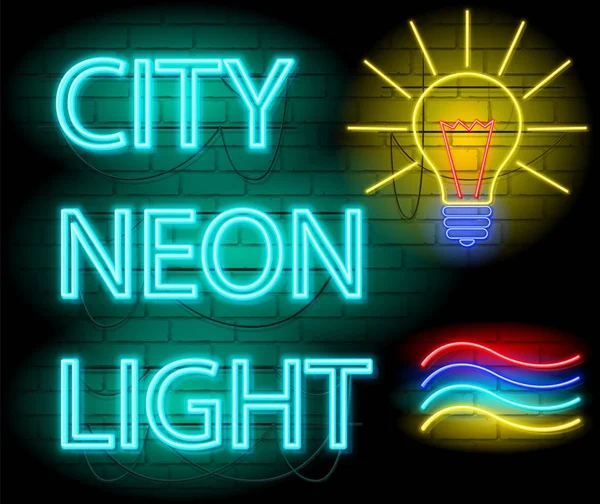 Város Neon Fény Jelzőtábla Neon Izzó Brickwall Háttérként Vektoros Illusztráció — Stock Vector